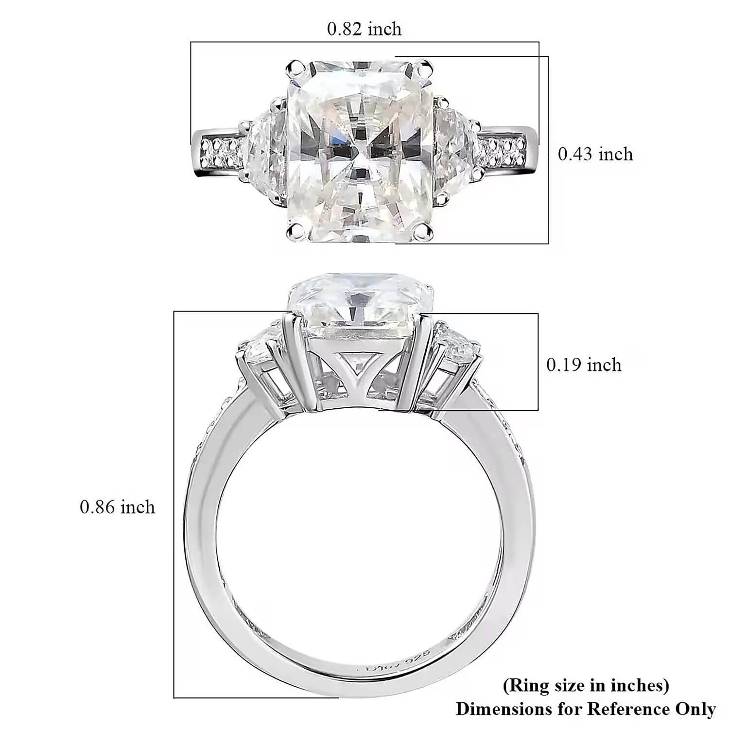 Radiant Cut Moissanite 3.90 ctw Ring , Moissanite Deco Ring , Rhodium Over Sterling Silver Ring , Promise Ring (Size 10.0)