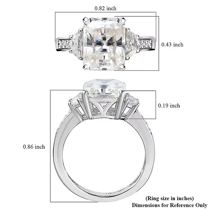 Radiant Cut Moissanite 3.90 ctw Ring , Moissanite Deco Ring , Rhodium Over Sterling Silver Ring , Promise Ring (Size 10.0)