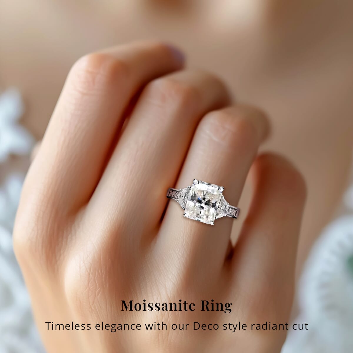 Radiant Cut Moissanite 3.90 ctw Ring , Moissanite Deco Ring , Rhodium Over Sterling Silver Ring , Promise Ring (Size 5.0) image number 1