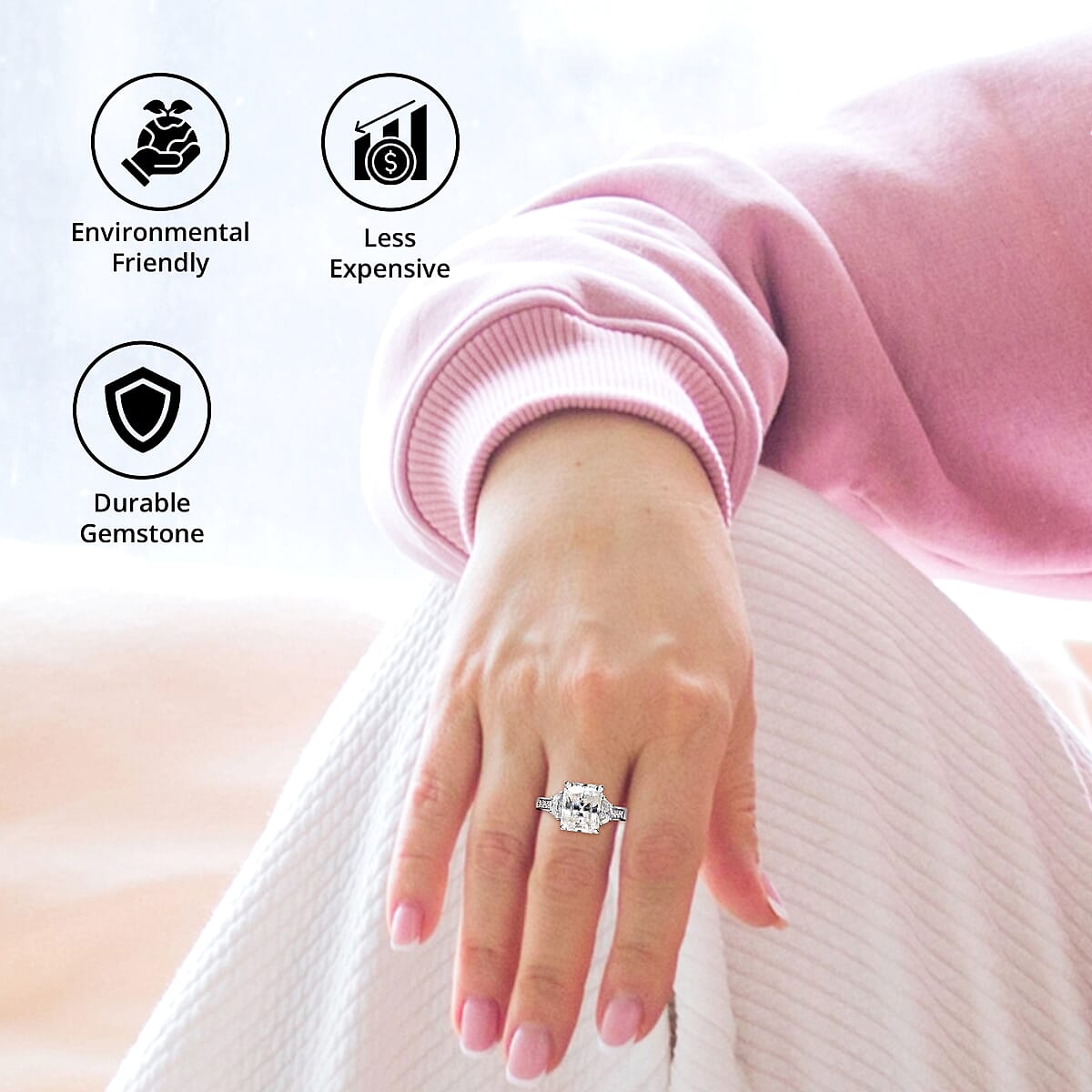 Radiant Cut Moissanite 3.90 ctw Ring , Moissanite Deco Ring , Rhodium Over Sterling Silver Ring , Promise Ring (Size 6.0) image number 3