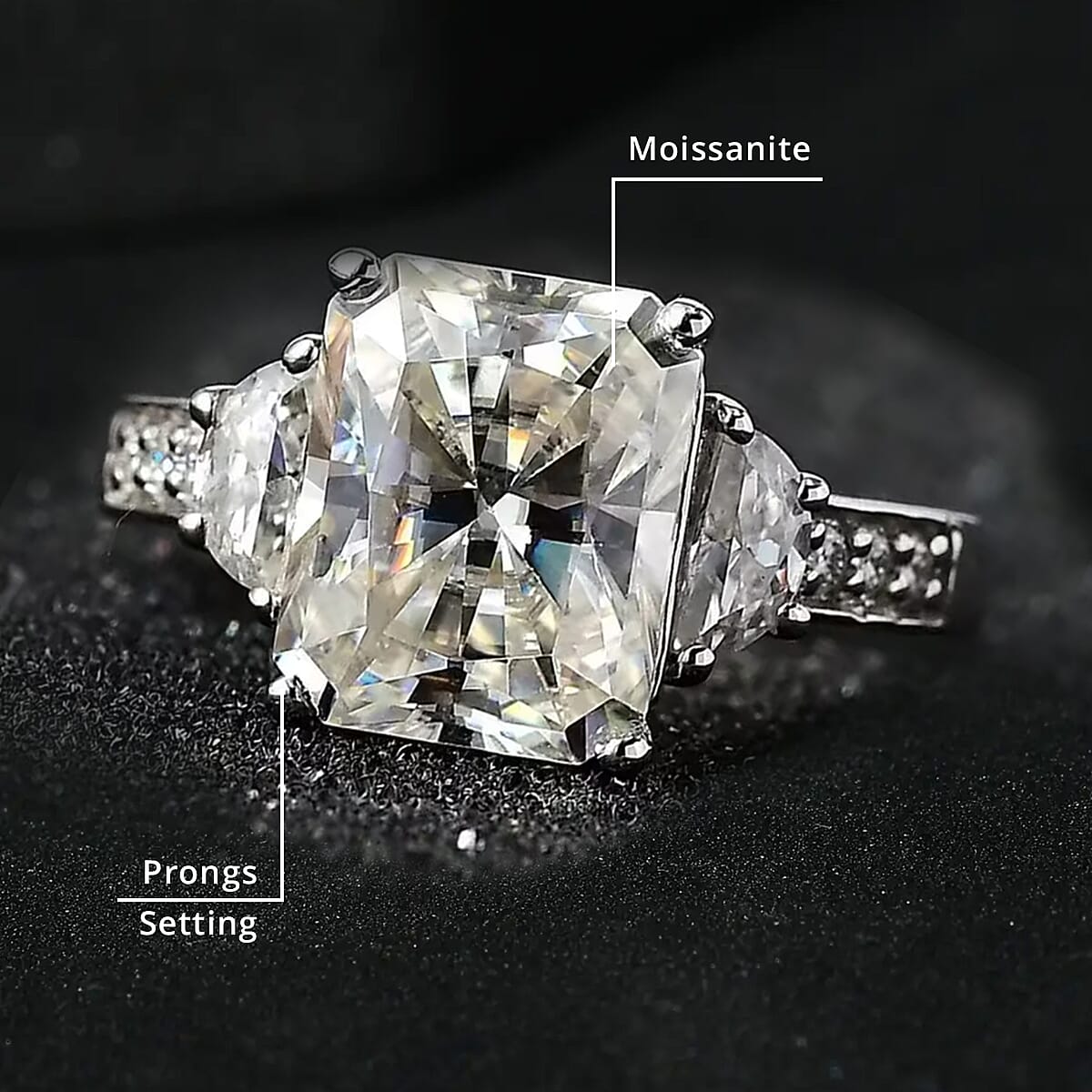 Radiant Cut Moissanite 3.90 ctw Ring , Moissanite Deco Ring , Rhodium Over Sterling Silver Ring , Promise Ring (Size 7.0) image number 5