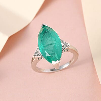 Emeraldine Quartz (Triplet) and White Zircon Ring in Platinum Over Sterling Silver (Size 10.0) 8.75 ctw