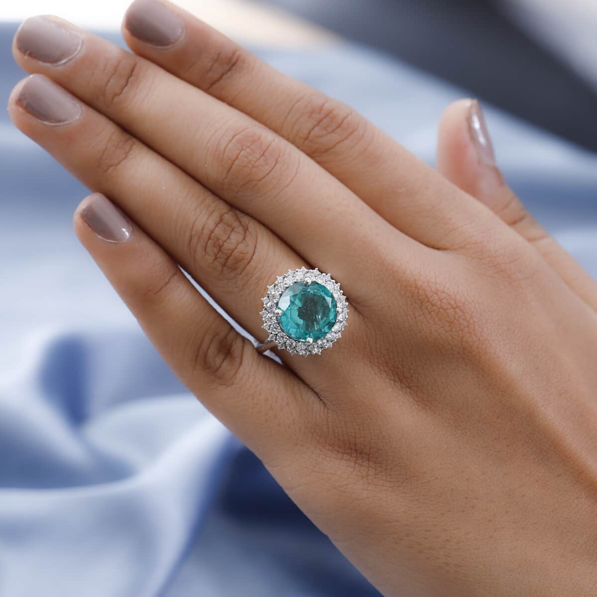 Emeraldine Quartz (Triplet) and Natural White Zircon Sunburst Ring in Platinum Over Sterling Silver (Delivery in 7-10 Business Days) 7.50 ctw image number 2