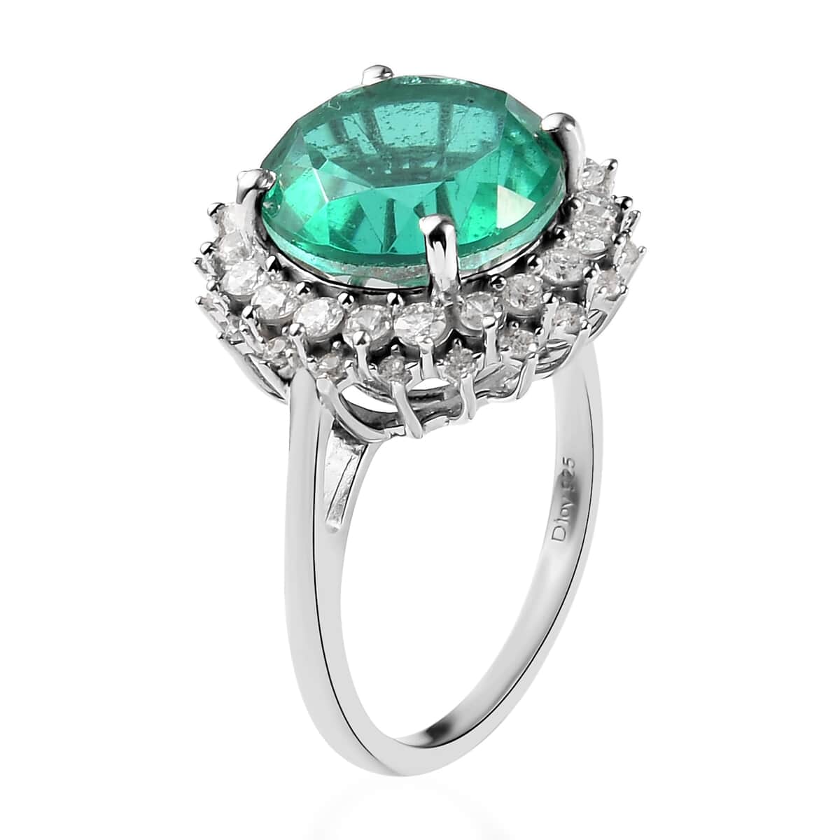 Emeraldine Quartz (Triplet) and Natural White Zircon Sunburst Ring in Platinum Over Sterling Silver (Delivery in 7-10 Business Days) 7.50 ctw image number 3