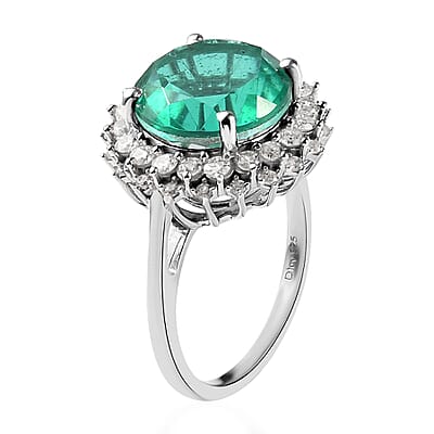 Emeraldine Quartz (Triplet) and White Zircon Sunburst Ring in Platinum Over Sterling Silver (Size 10.0) 7.50 ctw