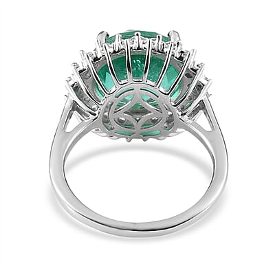Emeraldine Quartz (Triplet) and White Zircon Sunburst Ring in Platinum Over Sterling Silver (Size 10.0) 7.50 ctw