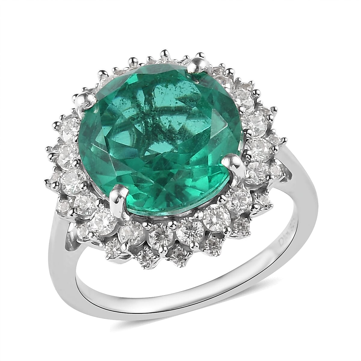Emeraldine Quartz (Triplet) and Natural White Zircon Sunburst Ring in Platinum Over Sterling Silver (Delivery in 7-10 Business Days) 7.50 ctw