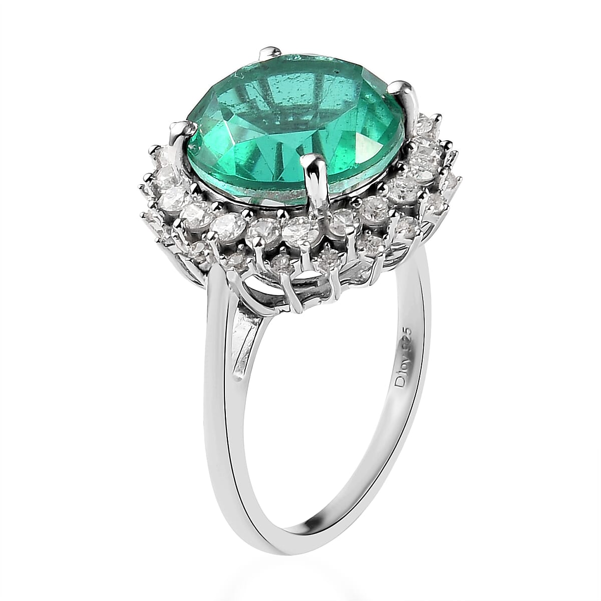 Emeraldine Quartz (Triplet) and White Zircon Sunburst Ring in Platinum Over Sterling Silver (Size 7.0) 7.50 ctw image number 3