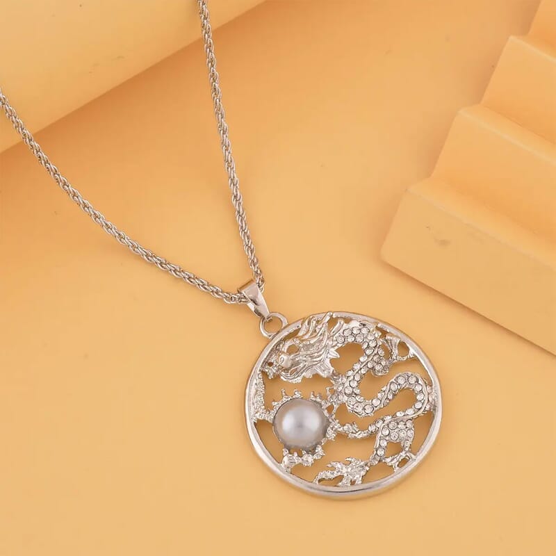 Gray Chroma and Austrian Crystal Dragon Pendant Necklace in Silvertone 24-26 Inches