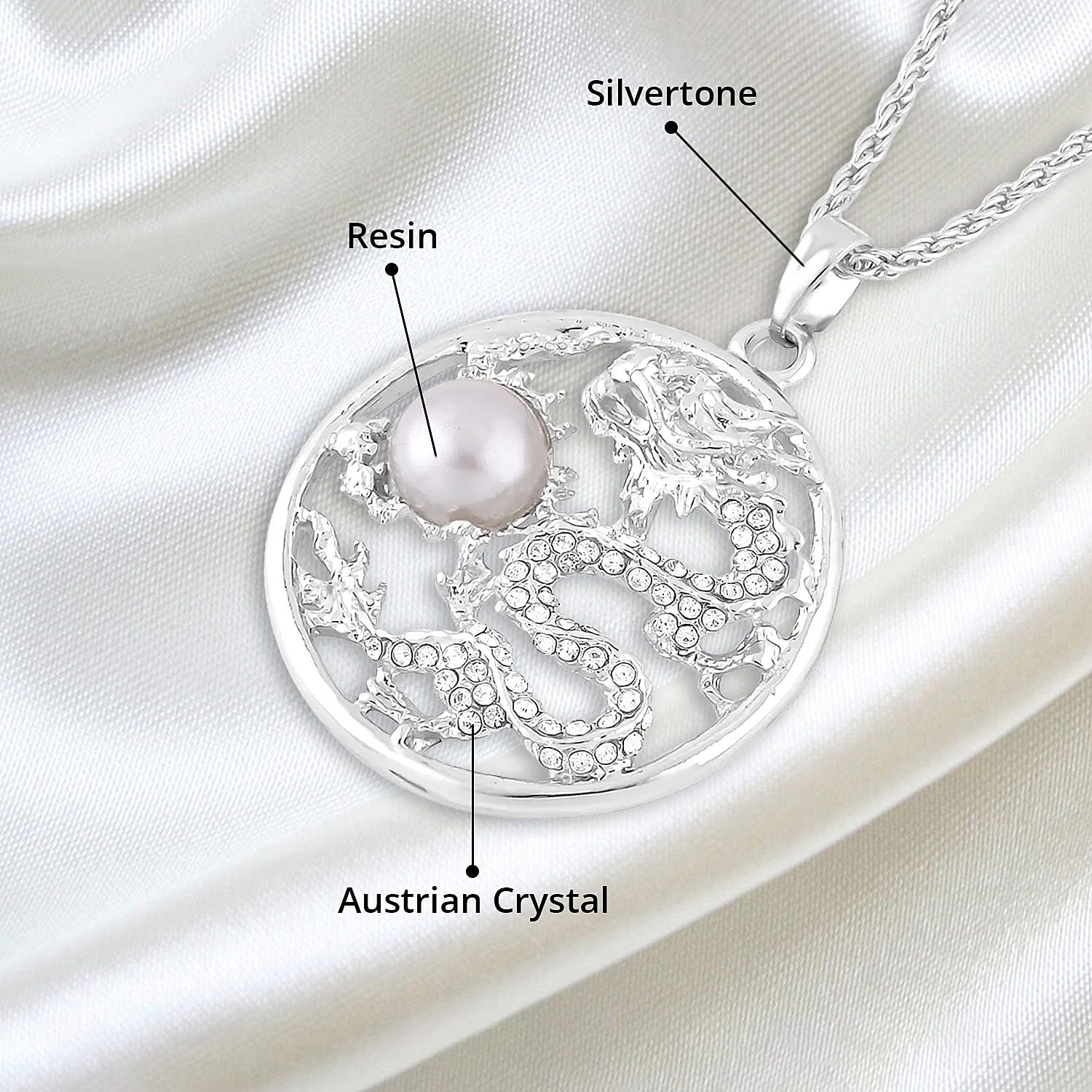 Gray Chroma and Austrian Crystal Dragon Pendant Necklace in Silvertone 24-26 Inches