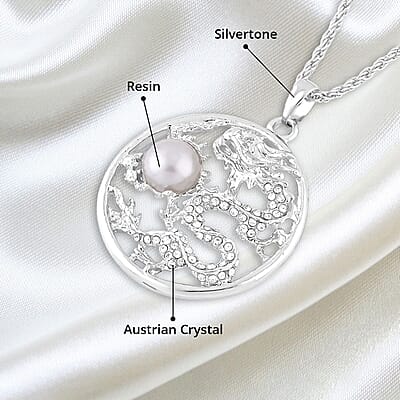 Gray Chroma and Austrian Crystal Dragon Pendant Necklace in Silvertone 24-26 Inches