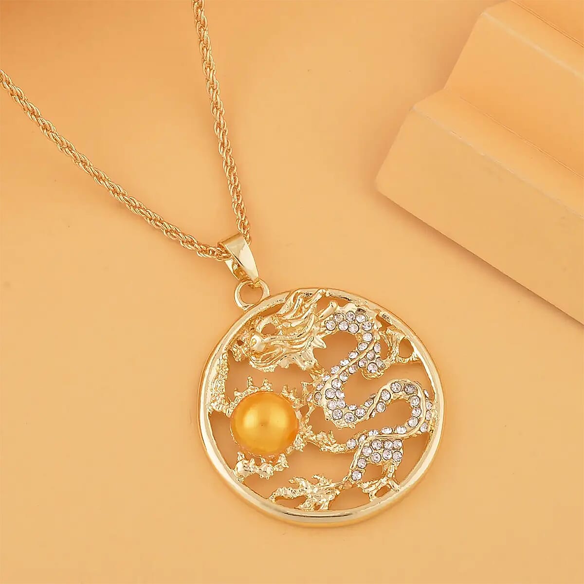 Yellow Chroma and Austrian Crystal Dragon Pendant Necklace in Goldtone 24-26 Inches image number 1