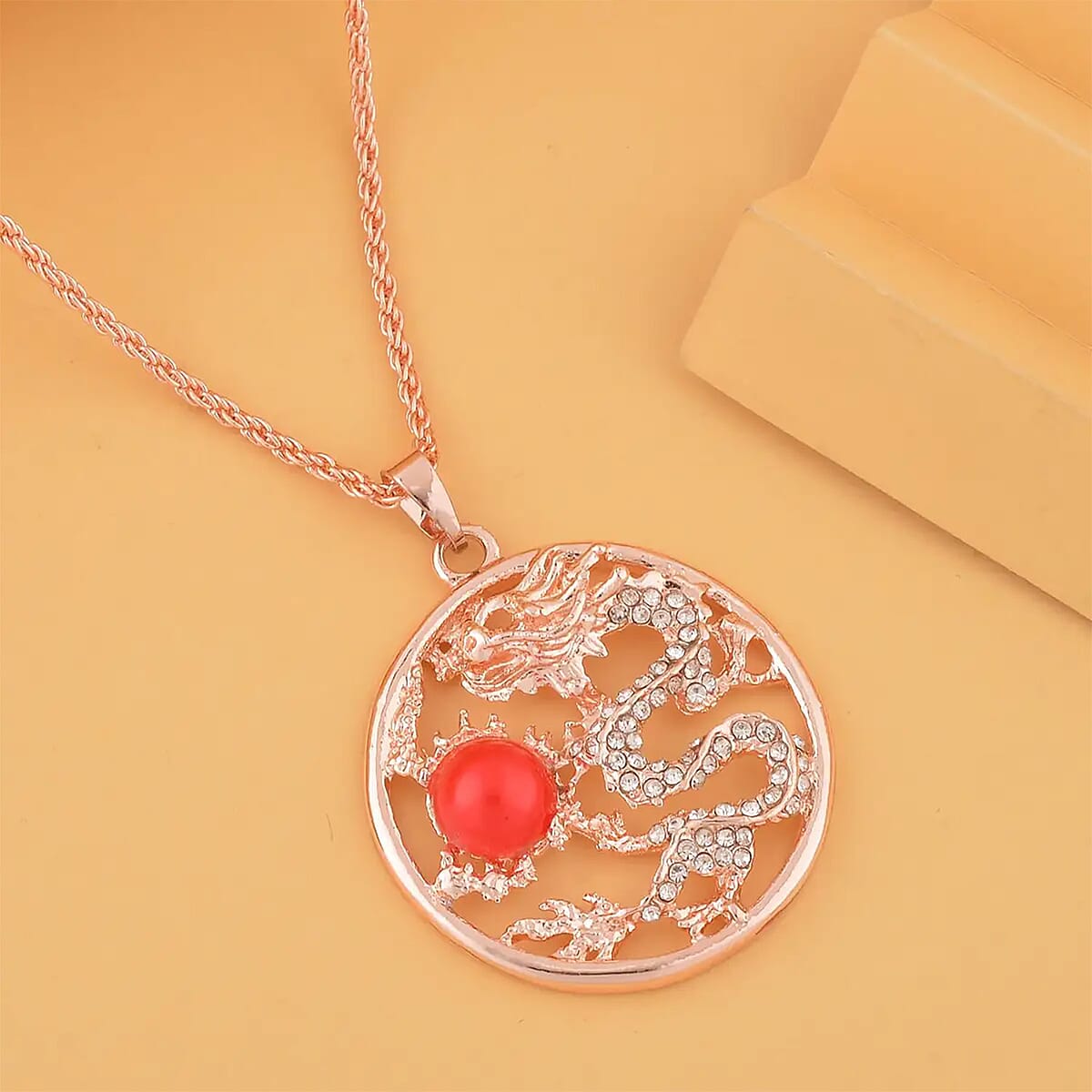 Red Chroma and Austrian Crystal Dragon Pendant Necklace in Rosetone 24-26 Inches image number 1