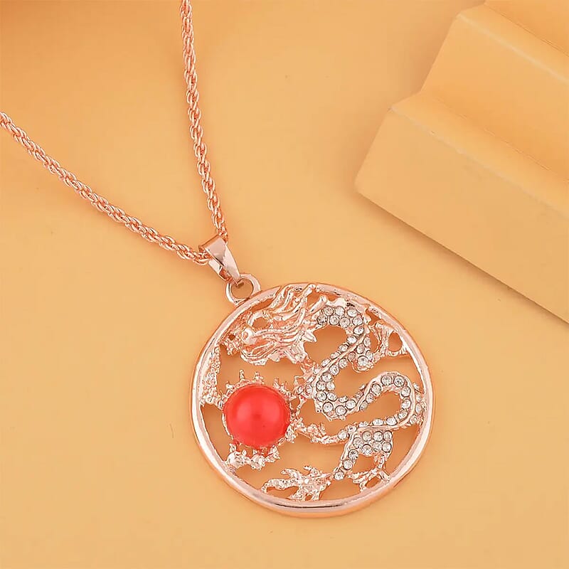 Red Chroma and Austrian Crystal Dragon Pendant Necklace in Rosetone 24-26 Inches