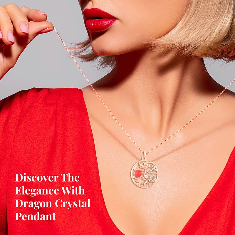 Red Chroma and Austrian Crystal Dragon Pendant Necklace in Rosetone 24-26 Inches