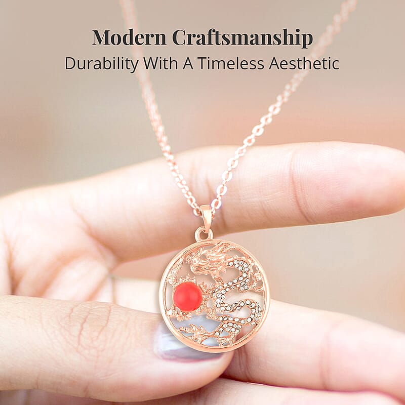 Red Chroma and Austrian Crystal Dragon Pendant Necklace in Rosetone 24-26 Inches