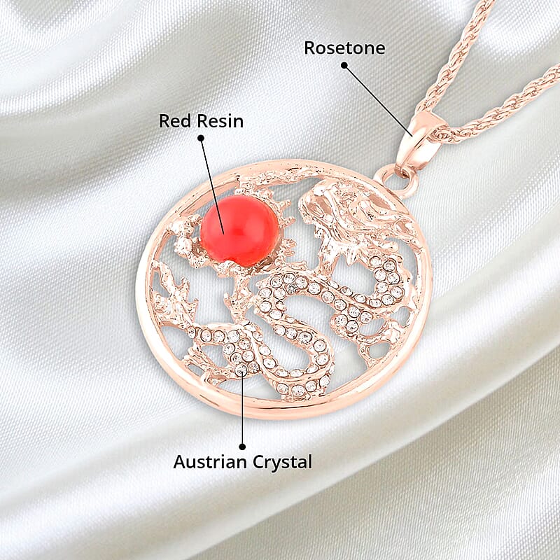 Red Chroma and Austrian Crystal Dragon Pendant Necklace in Rosetone 24-26 Inches