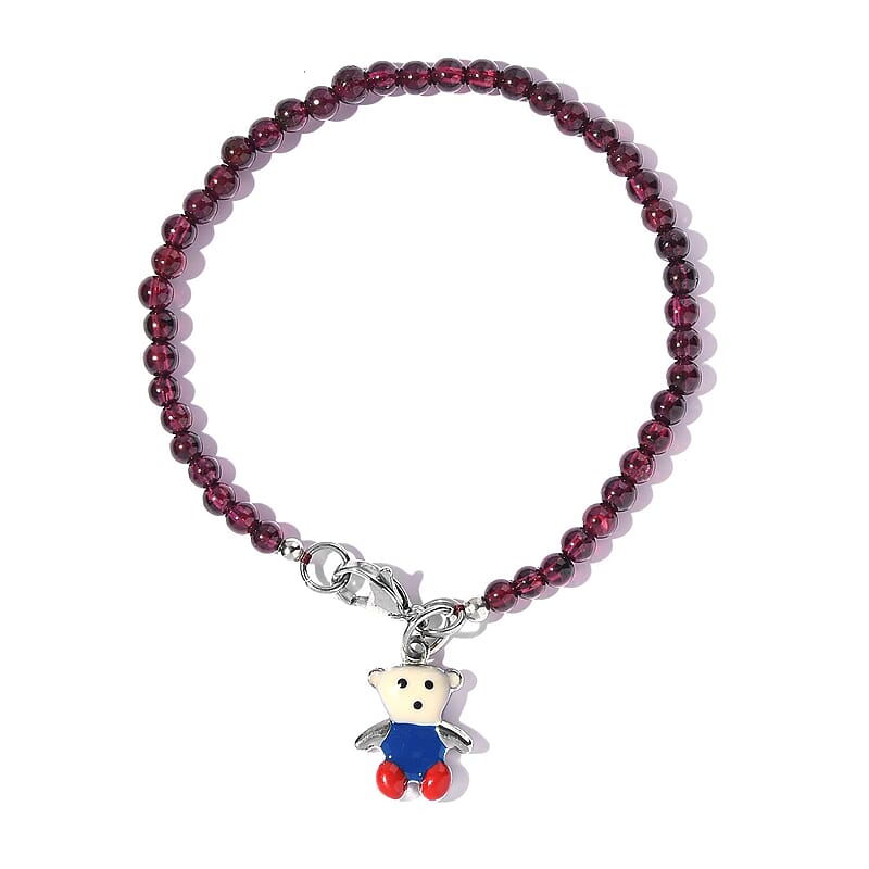 Orissa Rhodolite Garnet Beaded Bracelet with Teddy Bear Charm in Stainless Steel (7.25 In) 28.10 ctw | Tarnish-Free, Waterproof, Sweat Proof Jewelry