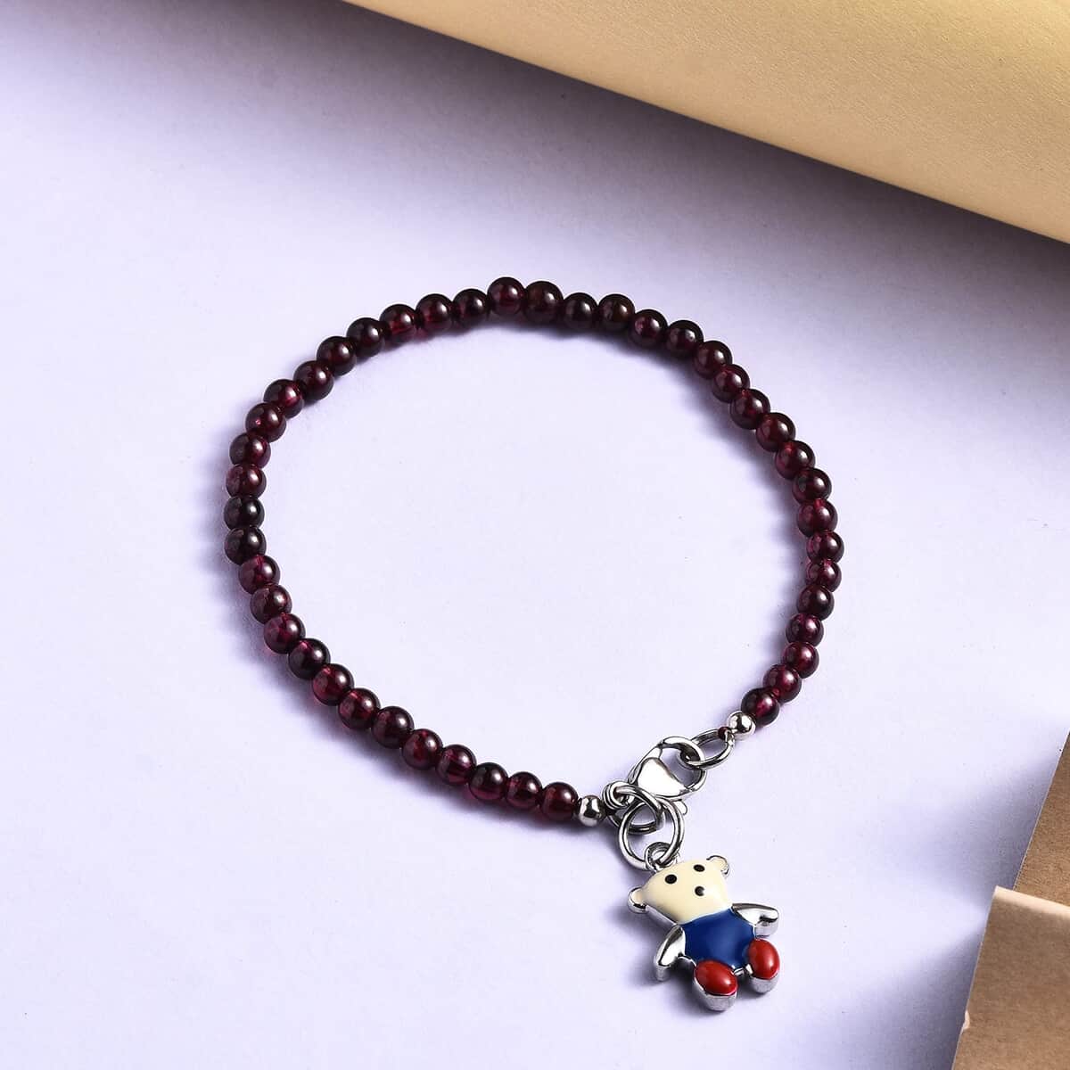Kuisa Rainbow Moonstone Beaded Bracelet with Teddy Bear Charm in Stainless Steel (7.25 In) 27.50 ctw image number 1
