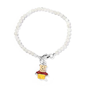 Kuisa Rainbow Moonstone Beaded Bracelet with Teddy Bear Charm in Stainless Steel (7.25 In) 27.50 ctw