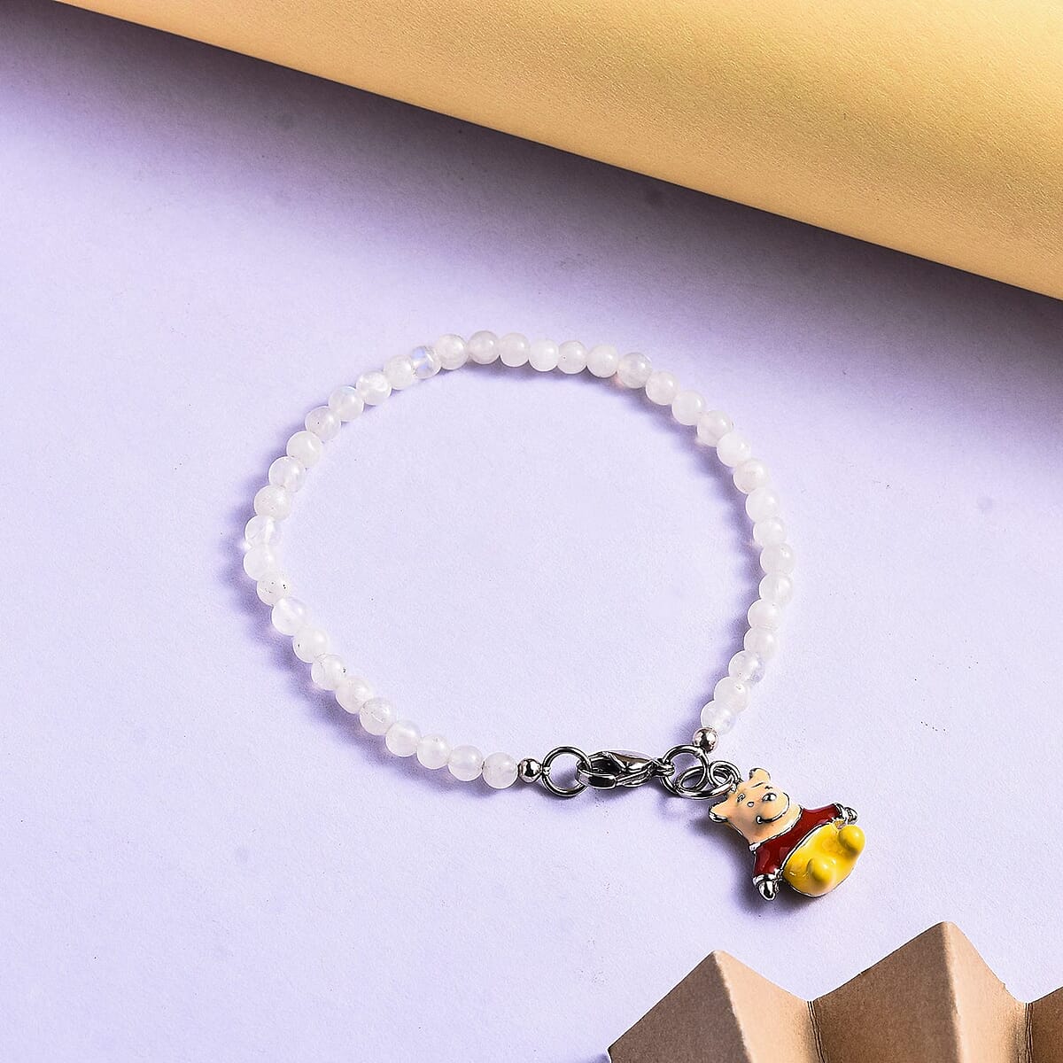 Kuisa Rainbow Moonstone Beaded Bracelet with Teddy Bear Charm in Stainless Steel (7.25 In) 27.50 ctw image number 1
