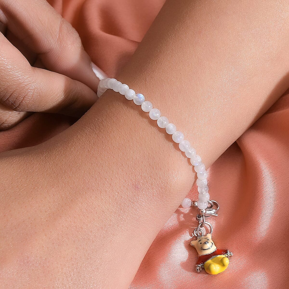 Kuisa Rainbow Moonstone Beaded Bracelet with Teddy Bear Charm in Stainless Steel (7.25 In) 27.50 ctw image number 2