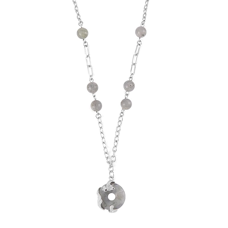 Malagasy Labradorite Dragon Pendant Necklace 20-22 Inches in Silvertone 18.00 ctw