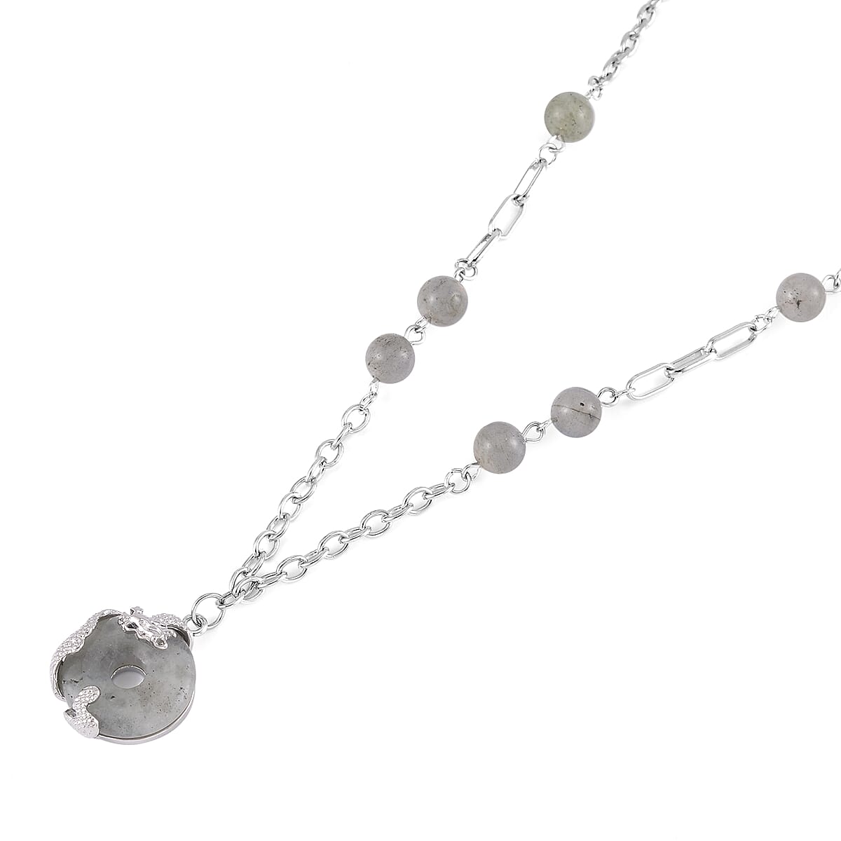 Malagasy Labradorite Dragon Pendant Necklace 20-22 Inches in Silvertone 18.00 ctw image number 2