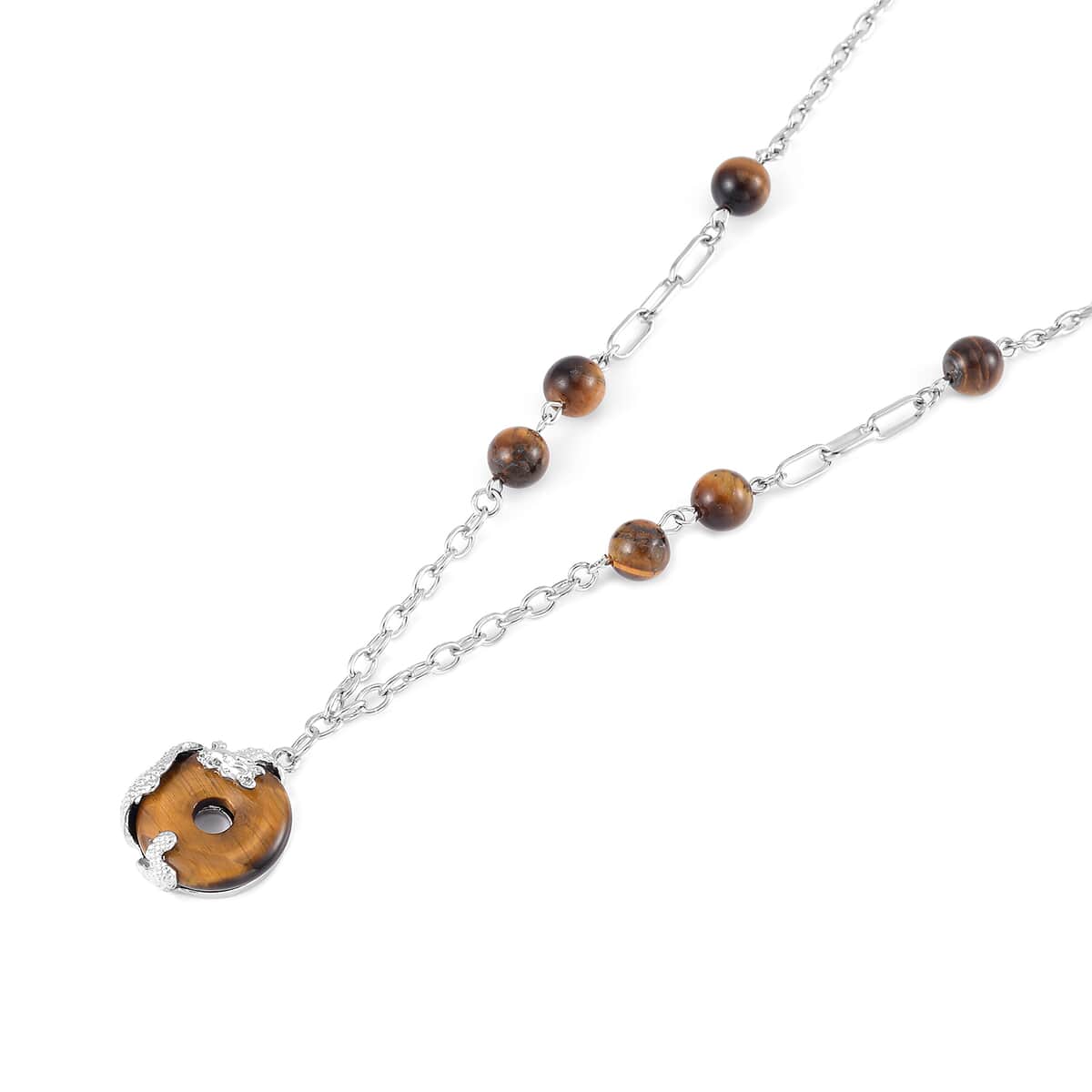 Yellow Tigers Eye Dragon Pendant Necklace 20-22 Inches in Silvertone 18.00 ctw image number 2