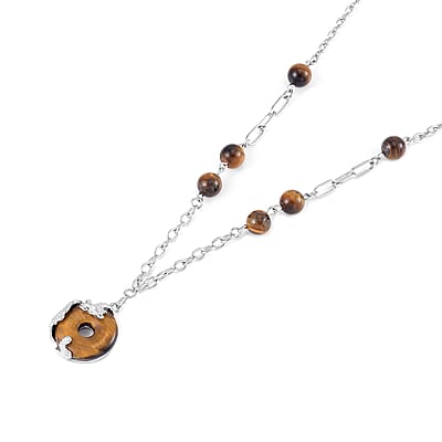 Yellow Tigers Eye Dragon Pendant Necklace 20-22 Inches in Silvertone 18.00 ctw
