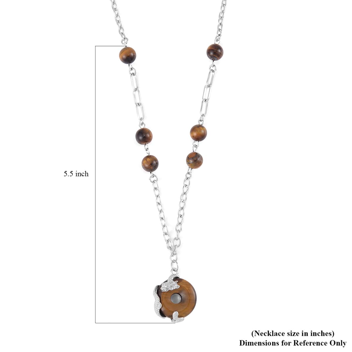 Yellow Tigers Eye Dragon Pendant Necklace 20-22 Inches in Silvertone 18.00 ctw image number 4