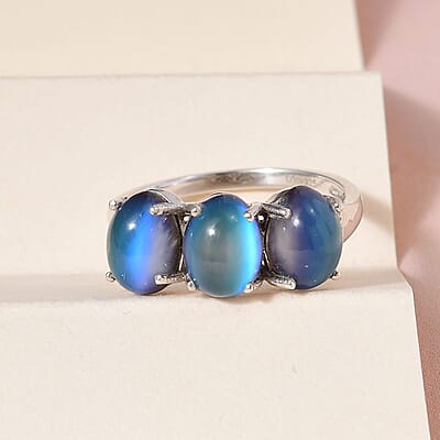 Aurora Moonstone (D) Trilogy Ring in Platinum Over Sterling Silver (Size 10.0) 4.35 ctw