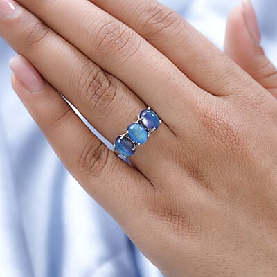 Aurora Moonstone (D) Trilogy Ring in Platinum Over Sterling Silver (Size 10.0) 4.35 ctw