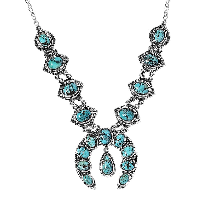 Squash Blossom Necklace, Blue Moon Turquoise Necklace In Sterling Silver,Artisan Crafted Jewelry,Southwestern Style Statement Necklace, Family Gift 18 Inches 15.25 ctw