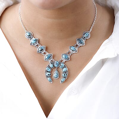Squash Blossom Necklace, Blue Moon Turquoise Necklace In Sterling Silver,Artisan Crafted Jewelry,Southwestern Style Statement Necklace, Family Gift 18 Inches 15.25 ctw