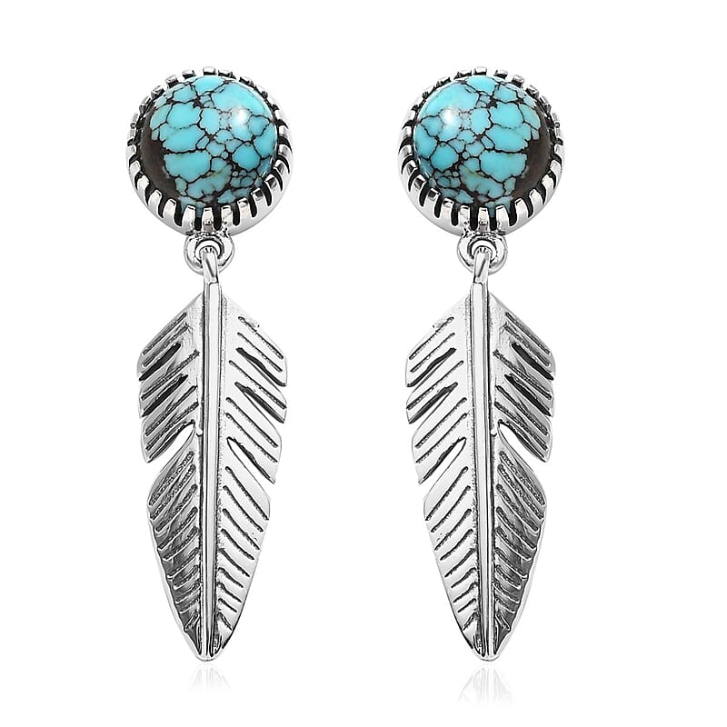Blue Moon Turquoise Feather Earrings| Drop Earrings For Women| Artisan Crafted Jewelry| Southwestern Style Earrings 4.00 ctw