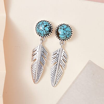 Blue Moon Turquoise Feather Earrings| Drop Earrings For Women| Artisan Crafted Jewelry| Southwestern Style Earrings 4.00 ctw