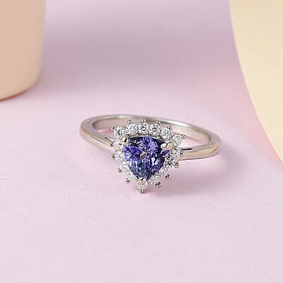Peacock Tanzanite and Moissanite Sunburst Ring in Platinum Over Sterling Silver (Size 10.0) 1.00 ctw