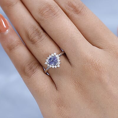 Peacock Tanzanite and Moissanite Sunburst Ring in Platinum Over Sterling Silver (Size 10.0) 1.00 ctw