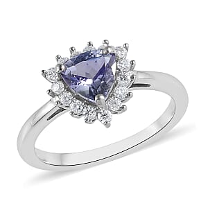 Peacock Tanzanite, Moissanite Sunburst Ring in Platinum Over Sterling Silver (Size 8.0) 1.00 ctw