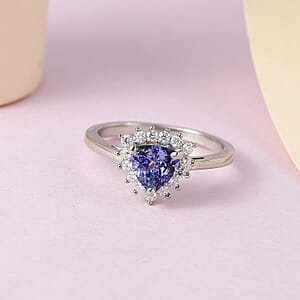 Peacock Tanzanite, Moissanite Sunburst Ring in Platinum Over Sterling Silver (Size 8.0) 1.00 ctw