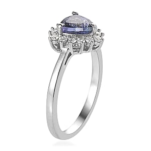 Peacock Tanzanite, Moissanite Sunburst Ring in Platinum Over Sterling Silver (Size 8.0) 1.00 ctw