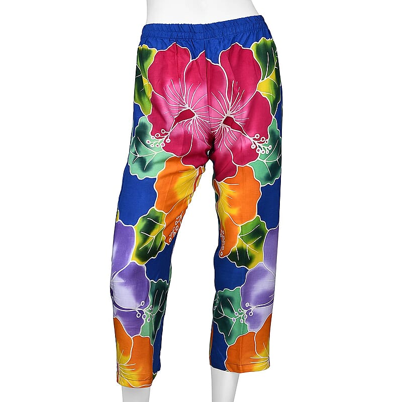 Hand Painted Blue with Multi Color Floral Print Pant - S