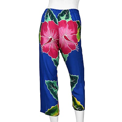 Hand Painted Blue with Multi Color Floral Print Pant - S