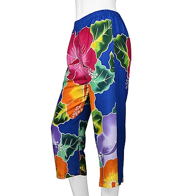 Hand Painted Blue with Multi Color Floral Print Pant - S