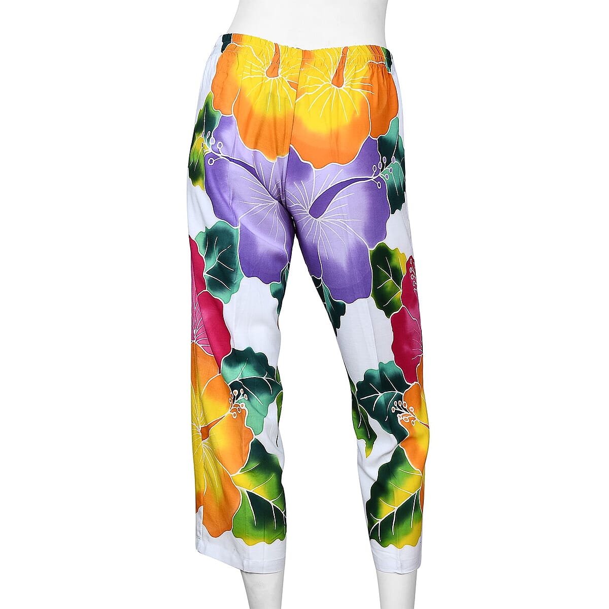 Handpainted White with Multi Color Floral Print Pant - M image number 1