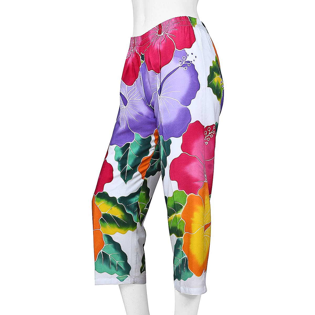Handpainted White with Multi Color Floral Print Pant - M image number 2
