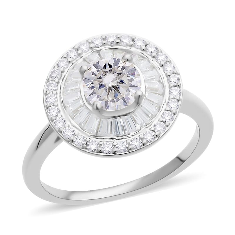 Moissanite Double Halo Ring in Rhodium Over Sterling Silver (Size 10.0) 1.85 ctw