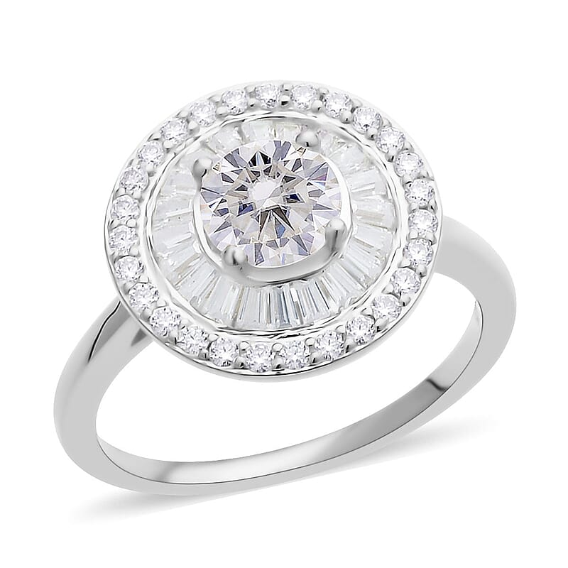 Moissanite Double Halo Ring in Rhodium Over Sterling Silver (Size 10.0) 1.85 ctw