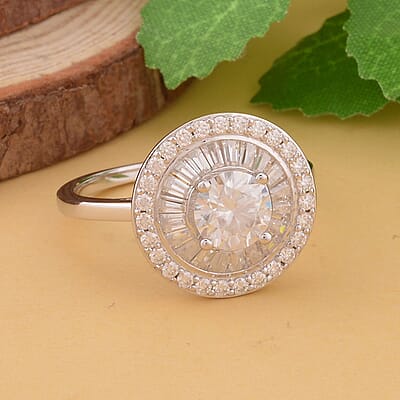Moissanite Double Halo Ring in Rhodium Over Sterling Silver (Size 10.0) 1.85 ctw